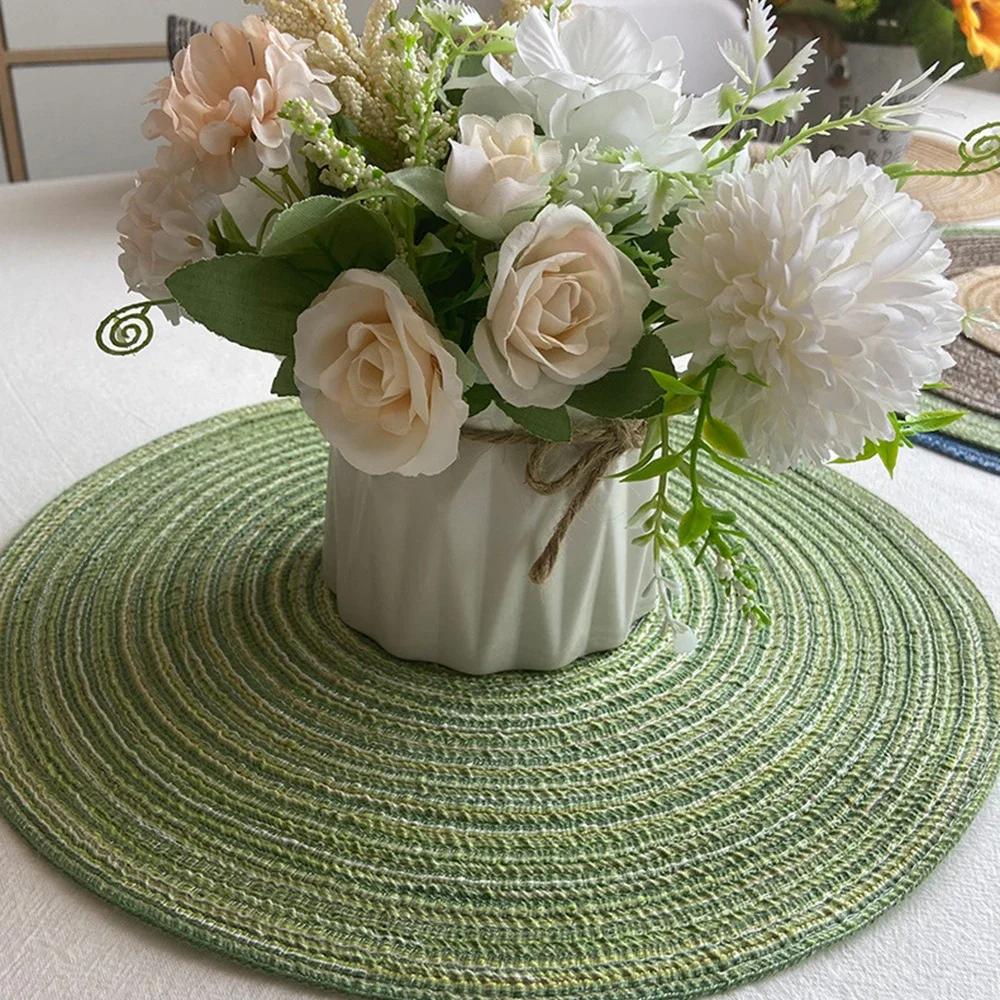 Kitchen Round Table Mat Woven Ramie Placemats Anti Slip Dining Table Mats Non-Slip Tableware Bowl Pads Drink Cup Coasters