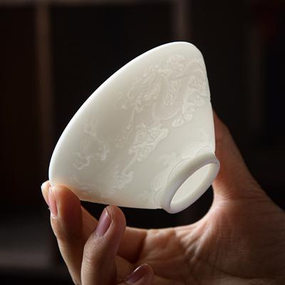 Sheep Fat Jade White Porcelain Tea Cup Individual Owner Cup Sunken Carved Bamboo Hat Cup 100ML Kung Fu Tea Bowl