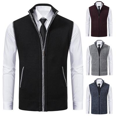 Men Vest Stand Collar Knitted Zipper Sweater Vest Stylish Sleeveless Cardigan for Work And Casual Wear