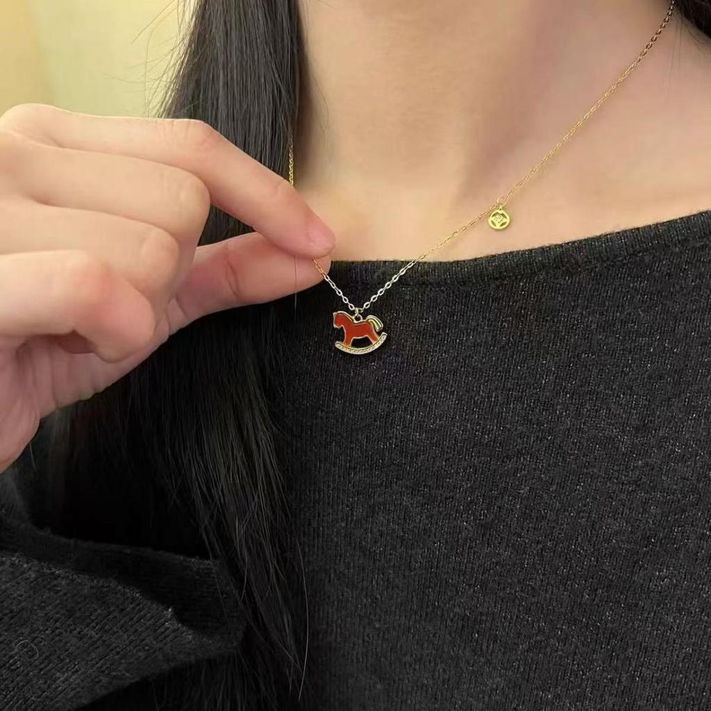 Gold-Plated Zodiac Necklace: 2026 Year of the Horse Red Pendant Clavicle Chain