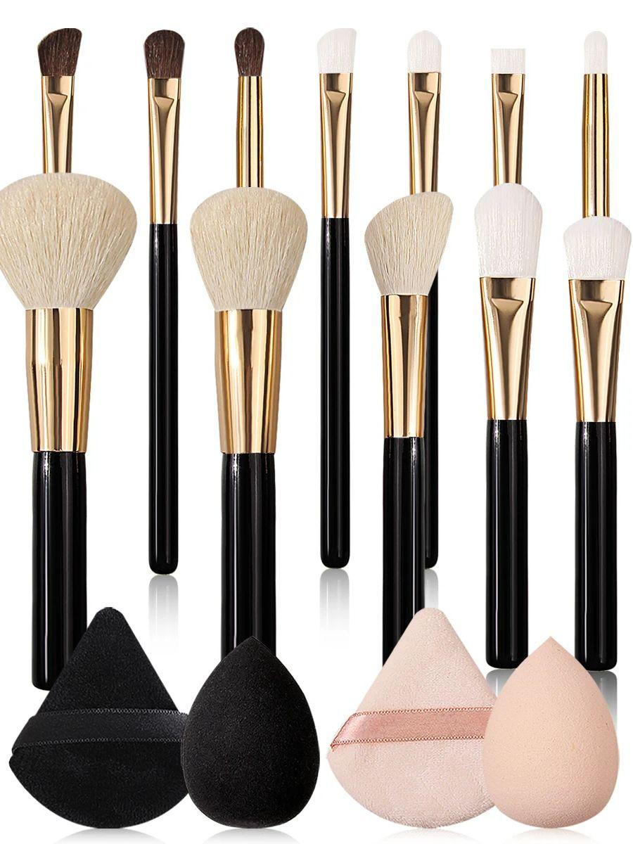 

High-end 12-piece makeup brush set:foundation brush,blush brush,eyeshadow brush,2PCS makeup spongeegg,2PCS triangular powderpuff чёрный