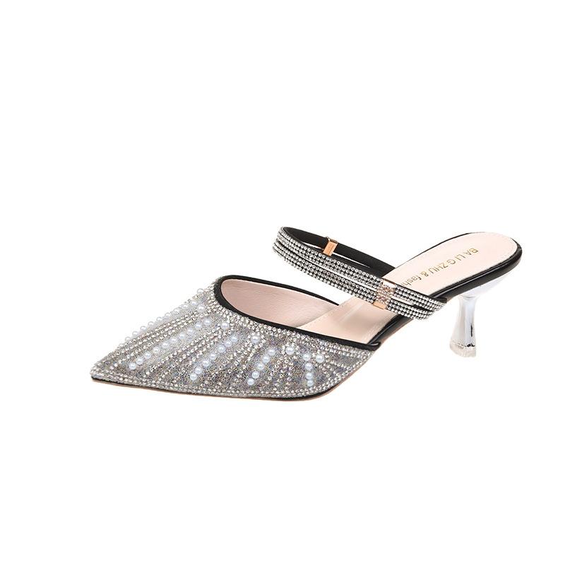Baotou cool slippers women's rhinestone pearl slippers summer new two wear fashionable versatile high heels stiletto women