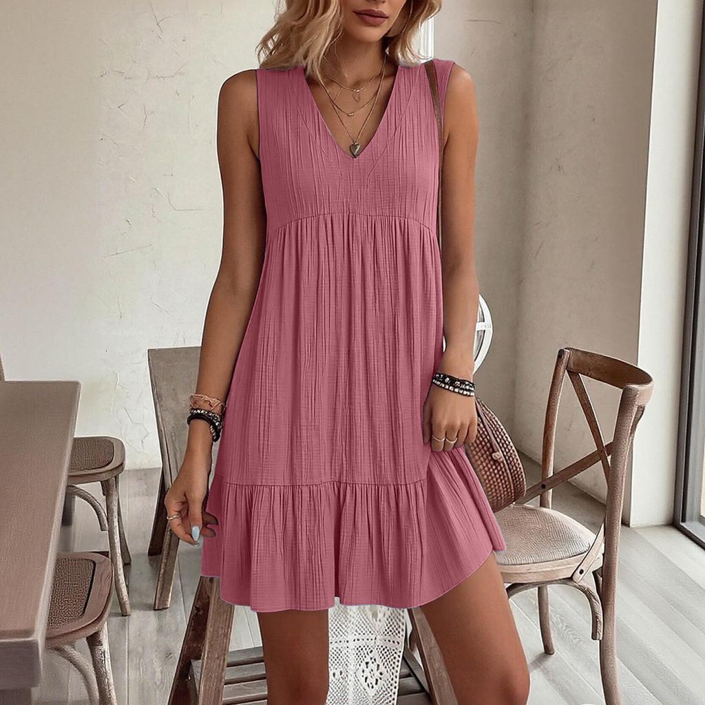 Women V Neck Loose Fit Sleeveless Dress with Pleated Texture and Casual Relaxed for Summer Wear