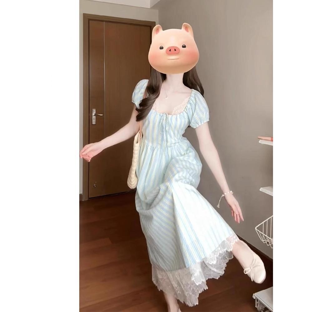 

Women s Summer Striped Puff Sleeve Square Neck Dress - Elegant, Waist-Hugging, Light Luxury, Long Casual Style XL-(recommended for 110-120 jin)