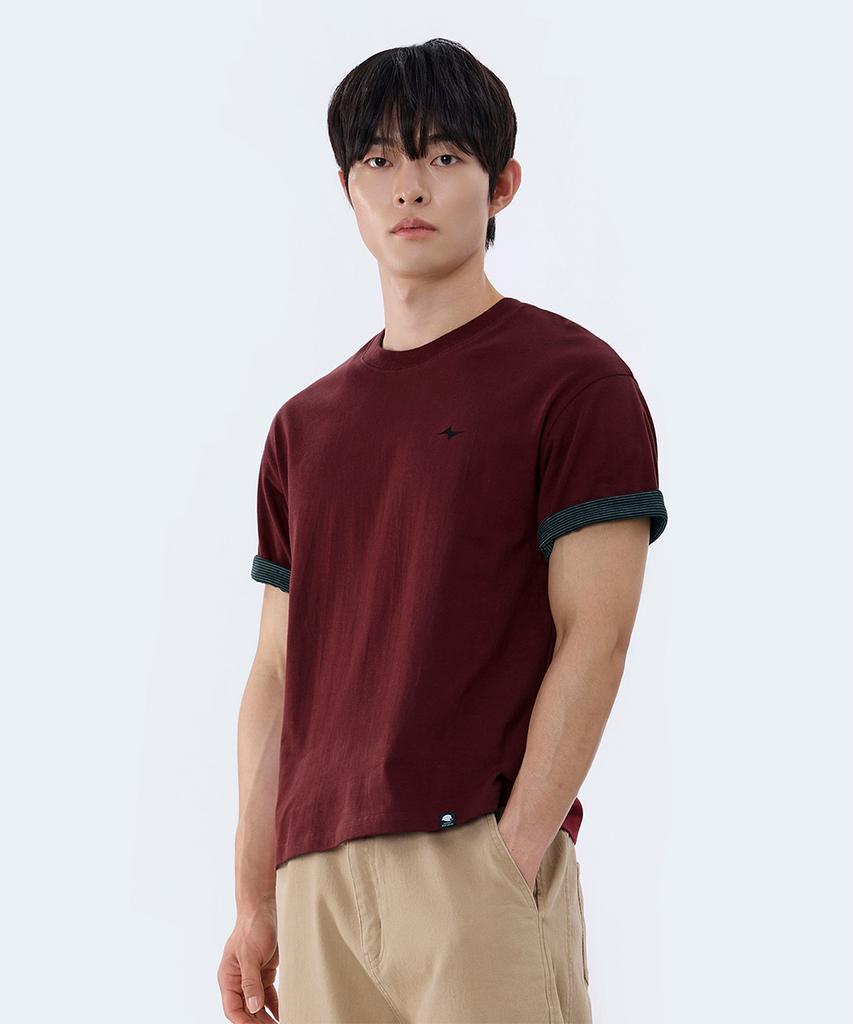 GHOST REPUBLIC Crop Stripe Color Block Roll-Up Short Sleeve T-Shirt Gt-392_Burgundy
