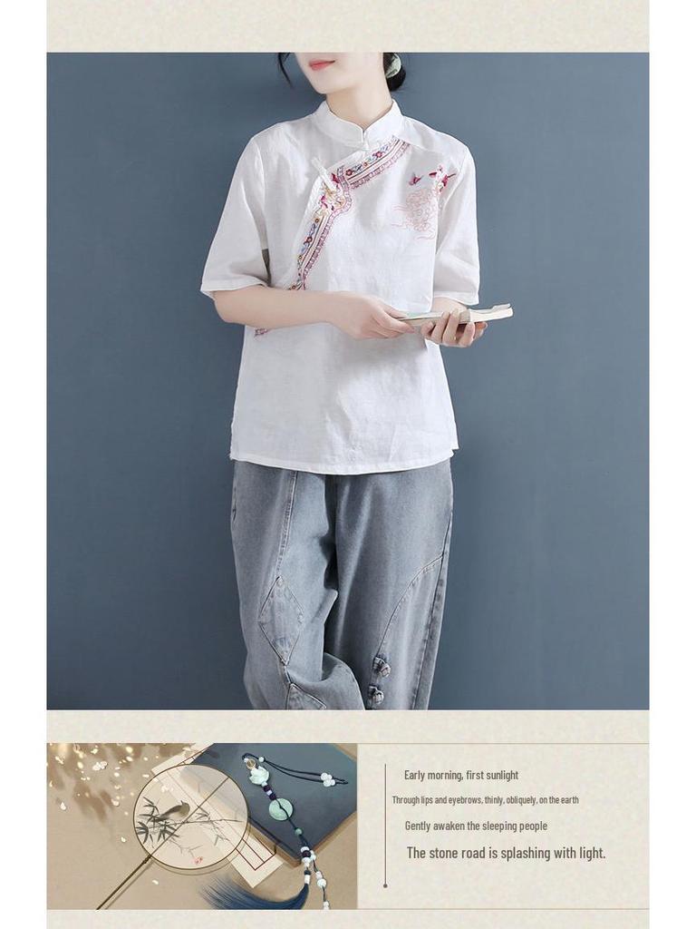 2023 Summer Women's Retro Cotton Linen Shirt with Frog Button & Embroidery