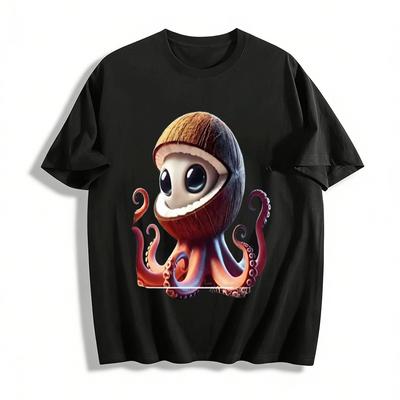 Kokosnuss Oktopus Kreativer Druck Lässiges Vielseitiges Kurzarm-T-Shirt Reines Baumwoll-T-Shirt