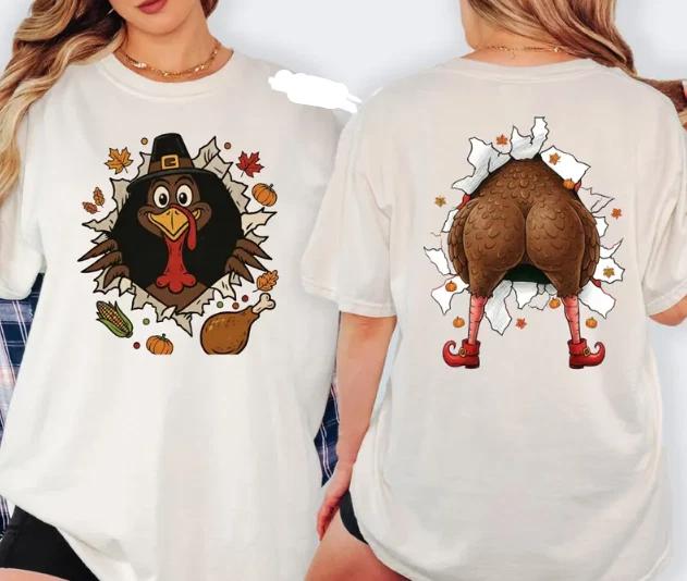 Funny Double-Sided Turkey Shirt, Thanksgiving Pilgrim Turkey Butt Tee 2XL