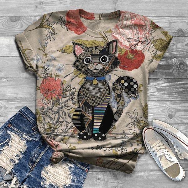 Summer Round Neck 3D Retro Cat Pattern Print Top Fashionable Casual Short Sleeved Women's T-shirts