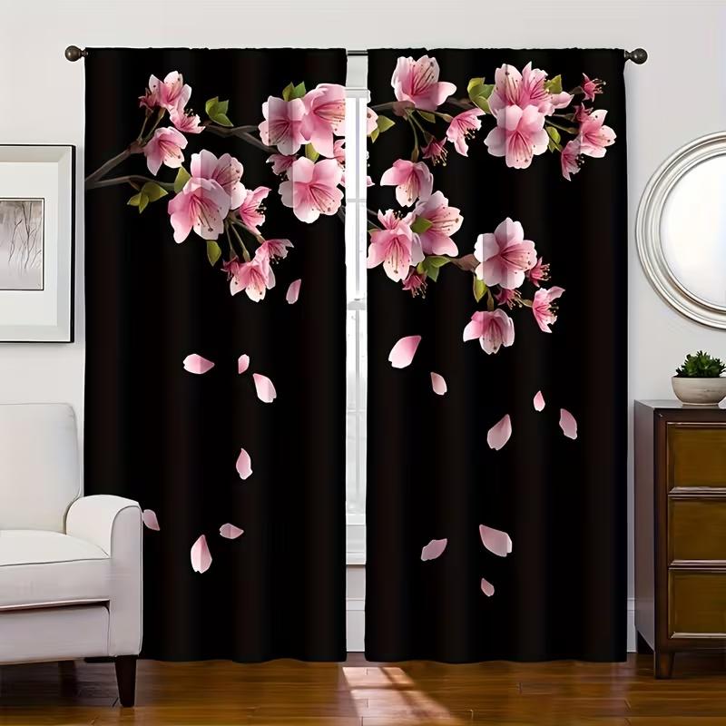 2 Pcs Dark Peach Blossoms Print Curtains,suitable for Bedroom,living Room Kitchen Decoration,home Decoration,window Decoration