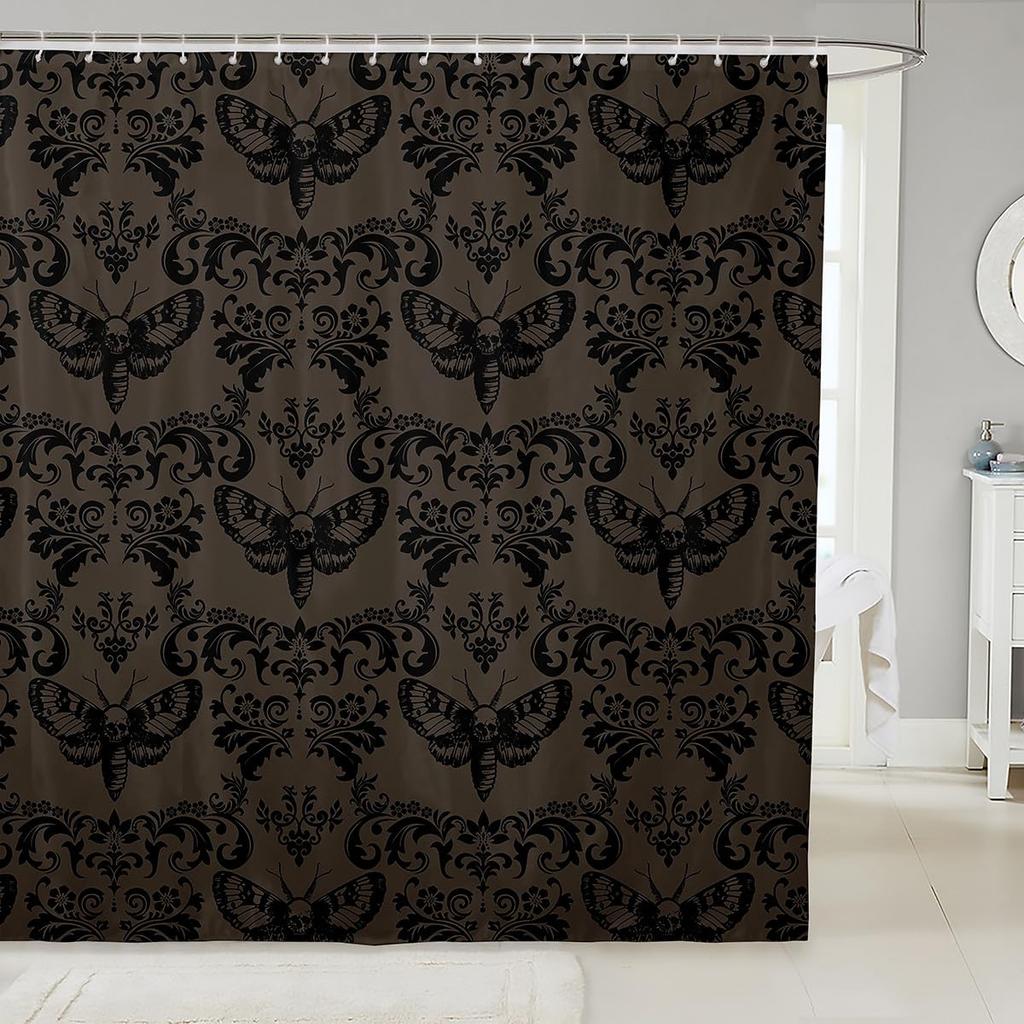 Vintage Boho Damask Floral Bathroom Curtain,Bohemian Exotic Goth Shower Curtain Victorian Baroque Flower Shower Bathtub Decor