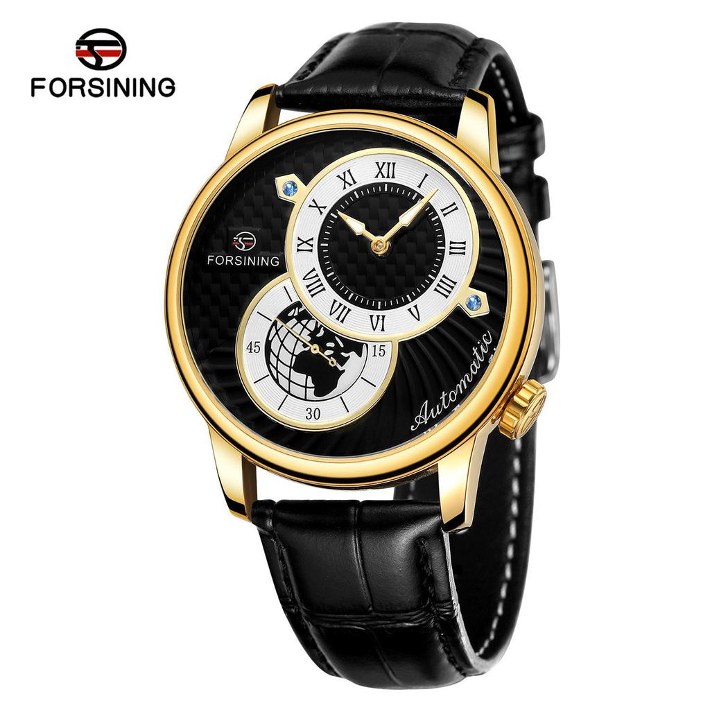 Forsining Men' S Mechanical Watch Fashion Double Dial Automatic Winding Men Wristwatches Sport Genuine Leather Clock For Man