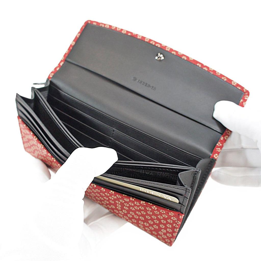 Carteira Longa Indenya Inden, Grande Capacidade, Couro de Veado, Vermelha com Laca Branca, Pequeno Padrão de Flor de Cerejeira, 2310-13-002