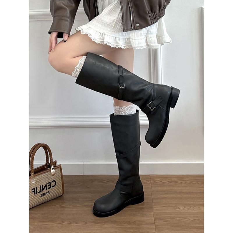 Cowhide version~ genuine leather boots thick-soled round head retro belt buckle boots women's autumn and winter medium and high boots knight boots
