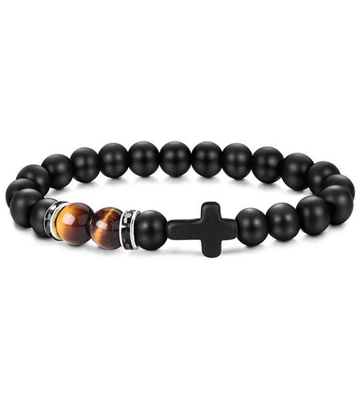 New Retro Cross Natural Stone Bracelet Tiger Eye Stone Lava Volcanic Stone Elastic Bead Men's Bracelet