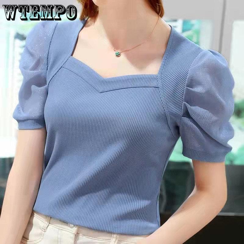 Ice Silk T-shirt Women's Summer Short Sleeve T-shirt French Court Style Bubble Sleeve Top Tide