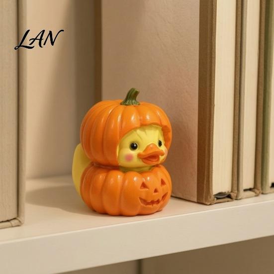 Small Healing Handicrafts Halloween Pumpkin Duck Ornament, Resin Stacked Yellow Mini Cartoon Figurine for Home Figurines, Cute Desktop Decor
