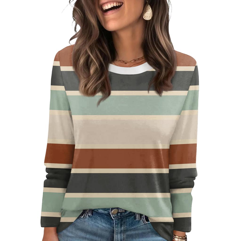 Damtopp med randigt tryck, moderiktig, avslappnad, rund halsringning, långa ärmar