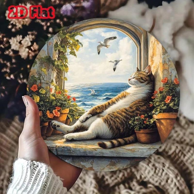 Vintage Cat Metal Wall Art 8 Inch Round Aluminum Sign Decor for Home Cafe