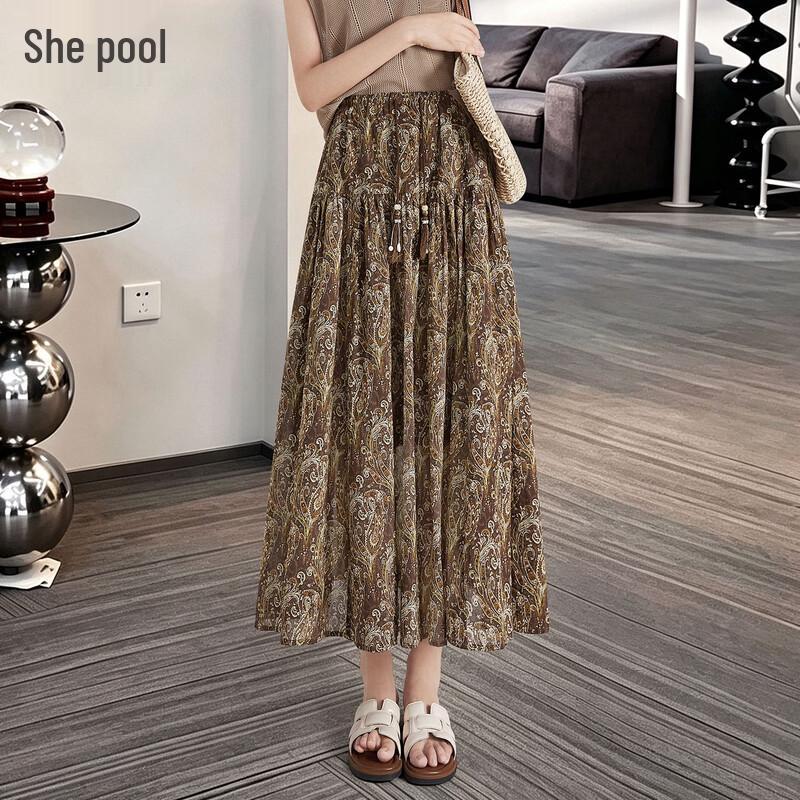 Women s Floral Print Drawstring A-Line Midi Skirt 2XL
