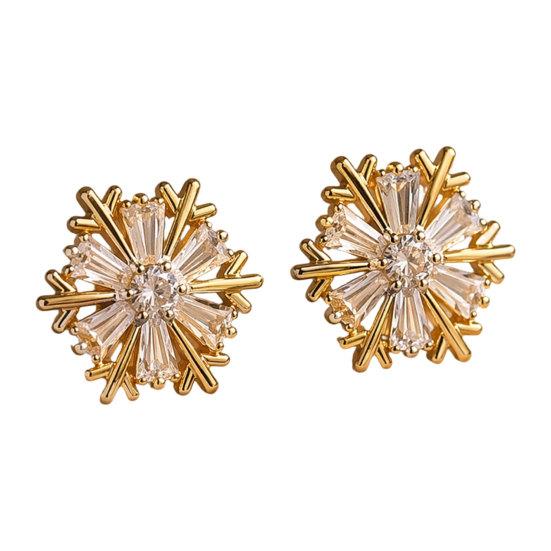 Umbra Studio 1 Pair Snowflake Stud Earrings for Women, Cubic Zirconia Wedding Engagement Statement Earrings, Winter Jewelry Accessory золотистый