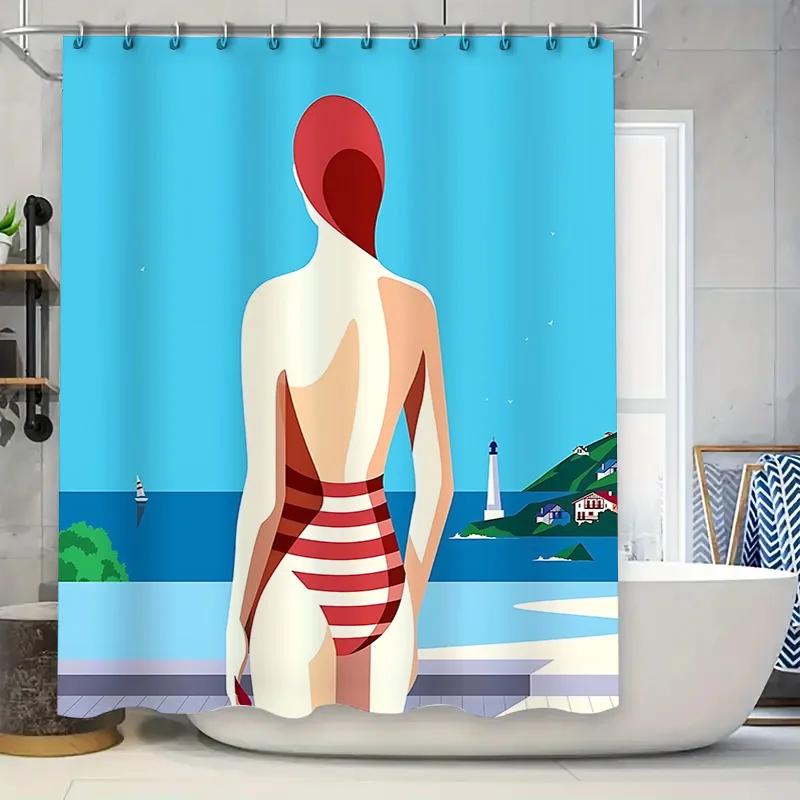 

Elegant Beach Style Shower Curtain For Your Decoration - Stylish Red Haired Woman Art Print Waterproof And Durable Easy-Clean W60H190(CM)-1 Pcs