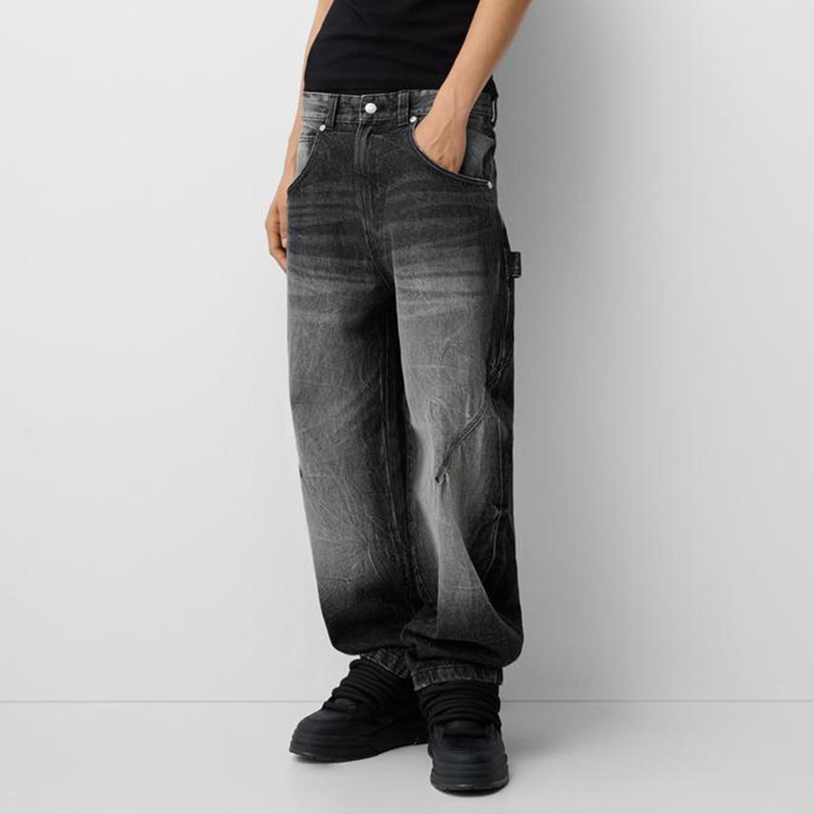 

Мужские повседневные брюки средней посадки с эффектом стирки, ретро прямые зауженные модные джинсы L чёрный