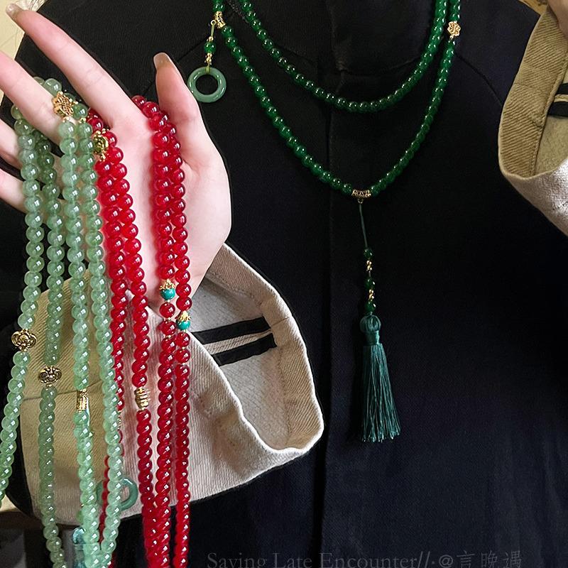 108-Bead Green Tassel Necklace - Long Chinese-Style Sweater Chain Accessory
