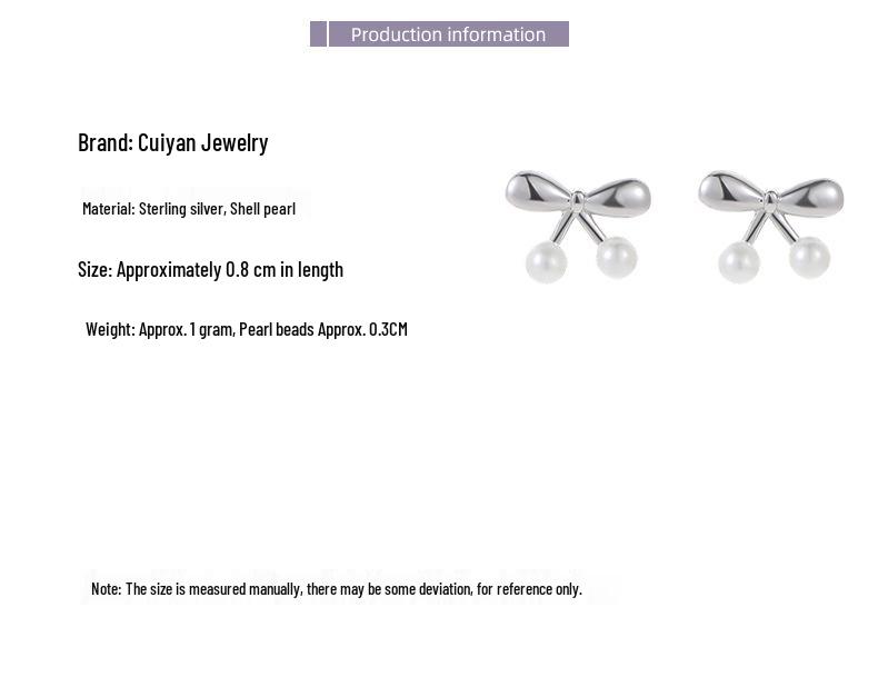 Cui Yan S925 Sterling Silver Korean Sweet Cherry Pearl Stud Earrings - Women's Simple, Exquisite Ear Jewelry.