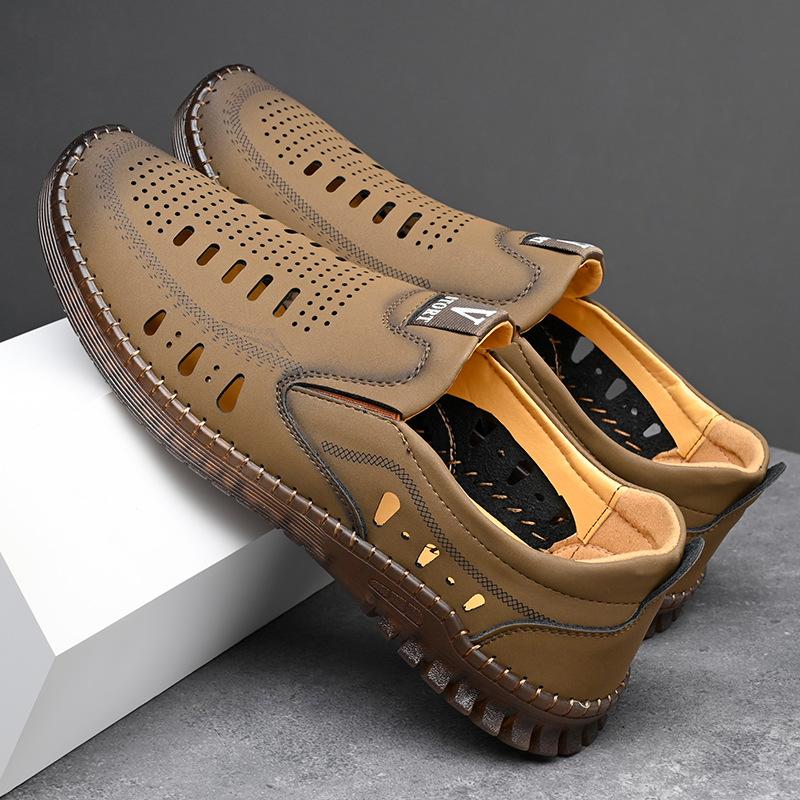 2025 summer men's foot casual men's shoes soft sole soft surface men's casual hollow hole shoes white shoes breathable