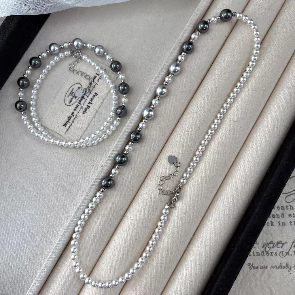 Vintage High Quality High Gloss Artificial Australian White Pearl Tahitian Black Bead Necklace Collarbone Chain