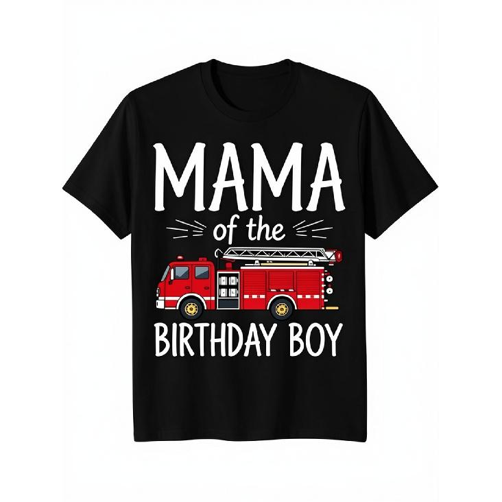 100% Firefighter T-Shirt - 'Mama of The Birthday Boy' Fire Truck Graphic Tee, Short Sleeve Casual Shirt for Birthday Parties, Family Events,