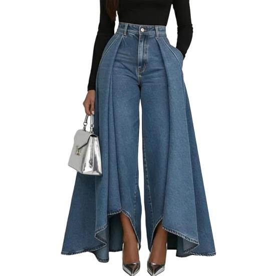 

Women Pants High Waist Buttons Zipper Closure Denim Pants with Pockets Irregular Large Hem Wide Leg Solid Color Casual Trousers M синий
