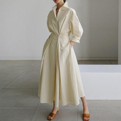 Casual Korean Dress For Women Autumn Turn Down Collar Full Sleeve Loose Button Pockets Female Dresses