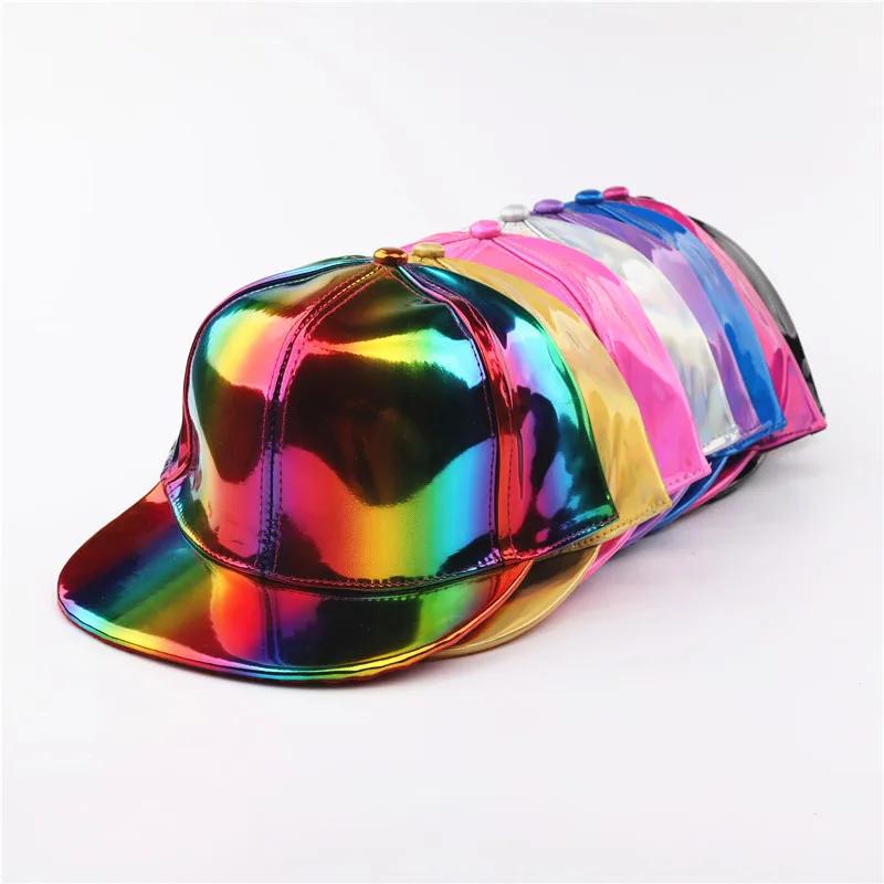 New Fashion Unisex Faux Leather Baseball Cap Men Hip Hop Adjustable Strapback Peaked Hats Outdoor Rainbow Reflective Dad Hat