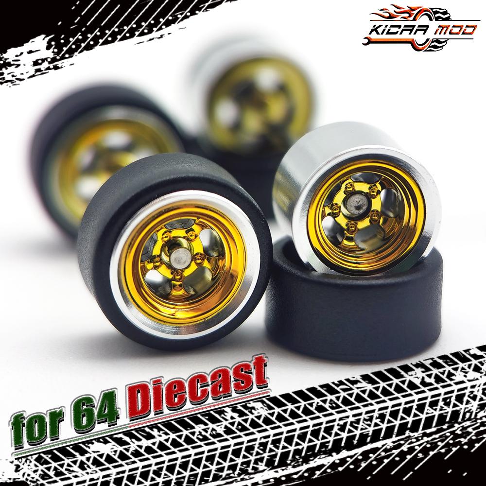 1/64 Räder für Modellauto mit Gummireifen Metallfelgen Galvanisiert Tuning Teile für Räder Minigt D:11mm 1 Set