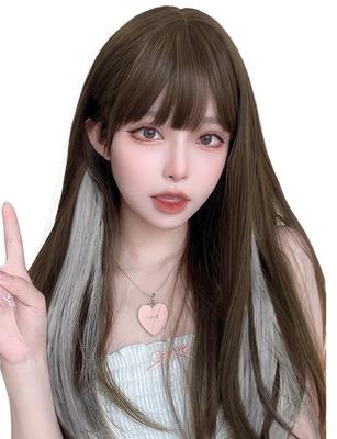 AISI HAIR Wig Long Straight Full Wig Fashion Cosplay Crossdressing Wig Small Face Heat Resistant Harajuku Style Everyday Brown Gray Women's &