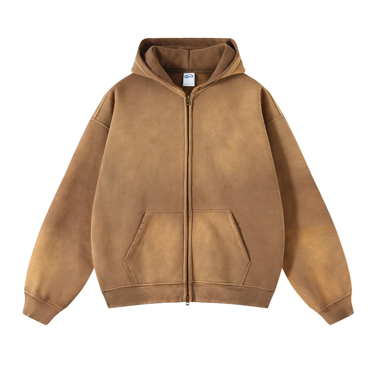 

2026 Men s Retro Spray-dyed Double Zipper Fleece Hoodie - Thick, Washed, Streetwear Style XL