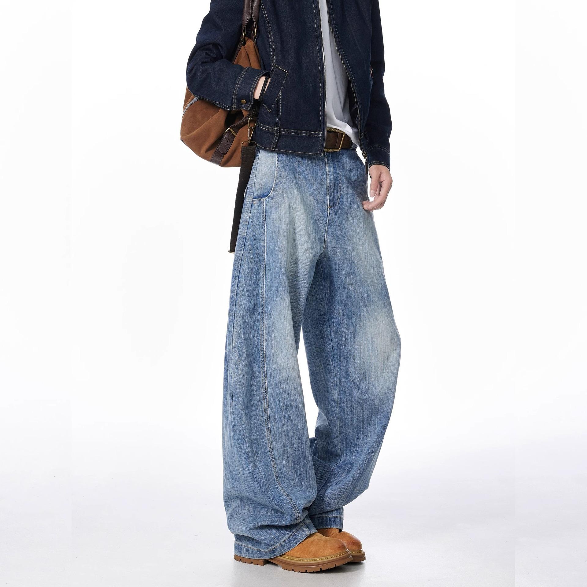 

Bamboo Deconstruction Wide-leg Scimitar Jeans Men s 2026 Autumn and Winter American Ruffian Handsome Advanced Sense Loose Straight Long Pants S синий