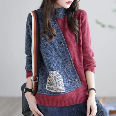 Artistic Retro Sweater Women's Autumn/Winter Half High Collar Loose Large Size Splicing Color Contrasting Round Collar Hoodie Long Sleeve Top Coat