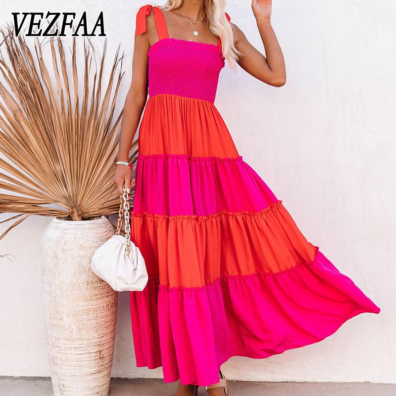 

VEZFAA женские модные летние весенние однотонные повседневные платья без рукавов с высокой талией и принтом