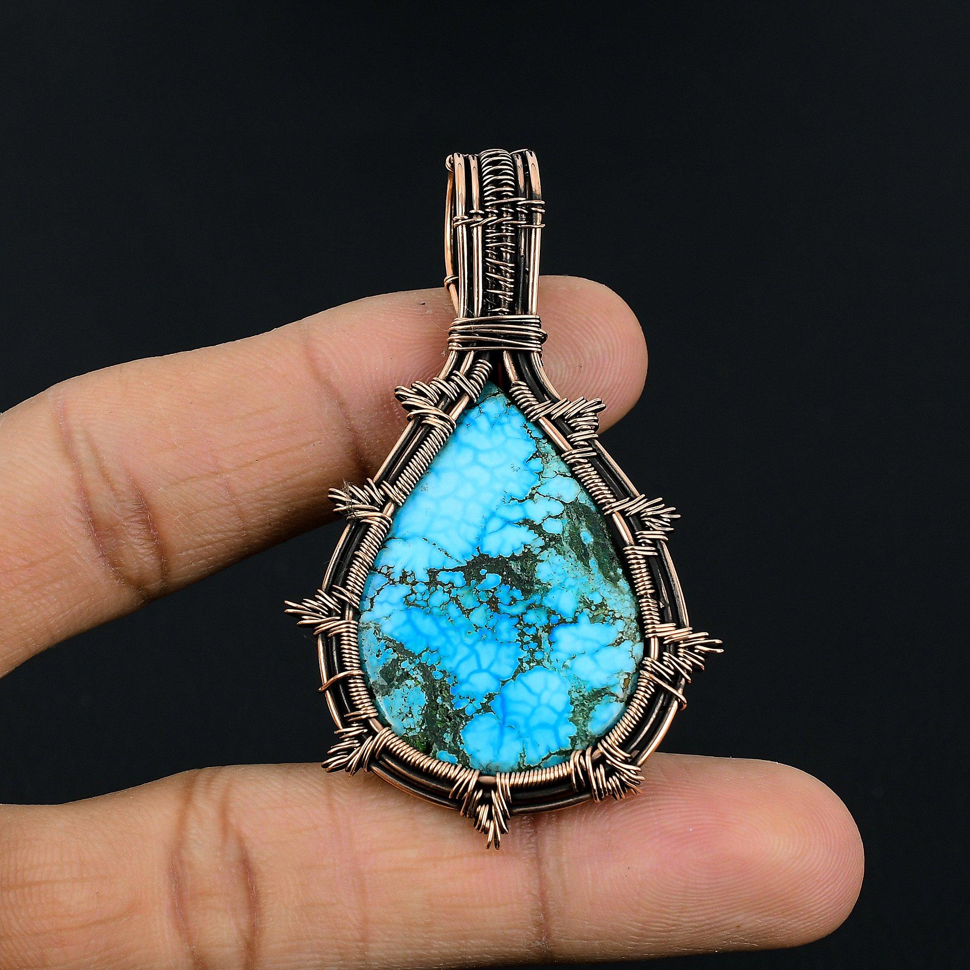 

Tibetan Turquoise Pendant Gemstone Jewelry, 999 Copper Wire Wrapped Handmade Pendant, Latest Design Jewelry 2.55 Inches