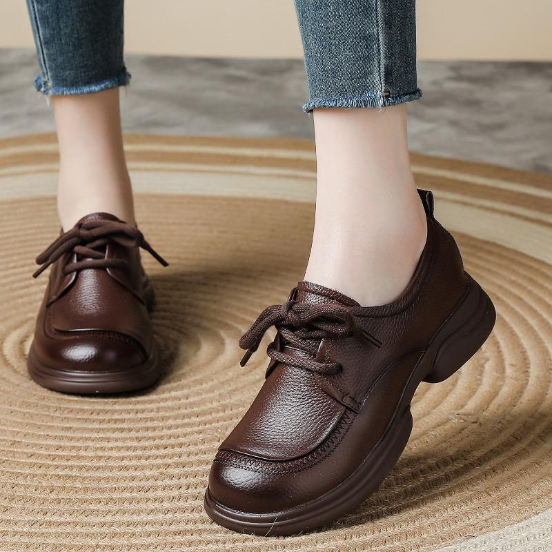 All cowhide retro small leather shoes medium heel platform lace-up wide head leather shoes genuine leather mother single shoes