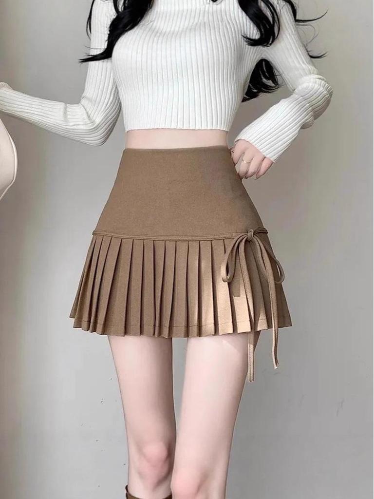 Women's College Style Black Lace-Up Pleated A-Line Skirt - High-Waisted, Slim Fit, Petite, Spring/Summer 2025