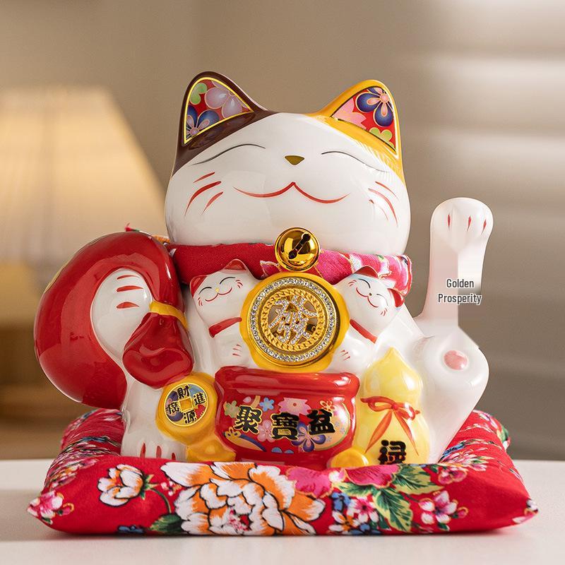 Electric Waving Lucky Cat Ceramic Ornament for Home, Living Room, Shop, or Cashier Desk.