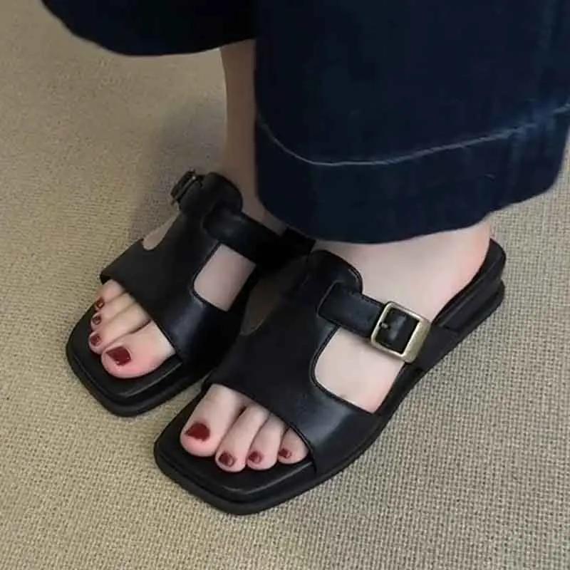 Fashion Flats Women Slippers 2025 Summer Shoes Square Toe Sandals Casual Sport Shoes Comfort Walking Flip Flops Beach Mujer Slides Shoes