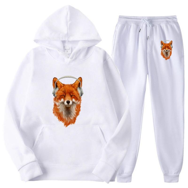 Cute Smiling Musical Fox Print Men Women Tracksuit Sets Casual Hoodie+Pants 2pcs Sets Oversized Pullover Fashion Unisex Clothing