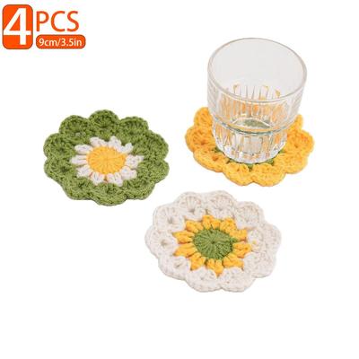 4-Pack Hand-crocheted Cotton Coasters, Artistic Style Woven Insulation Pads, Home Coffee Cup Desktop Decoration Ornaments
