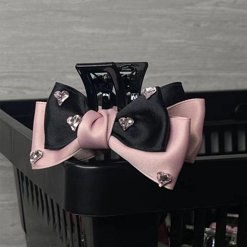 1pc Female group bow clip new pink and black satin back of head dished shark clip hair accessory