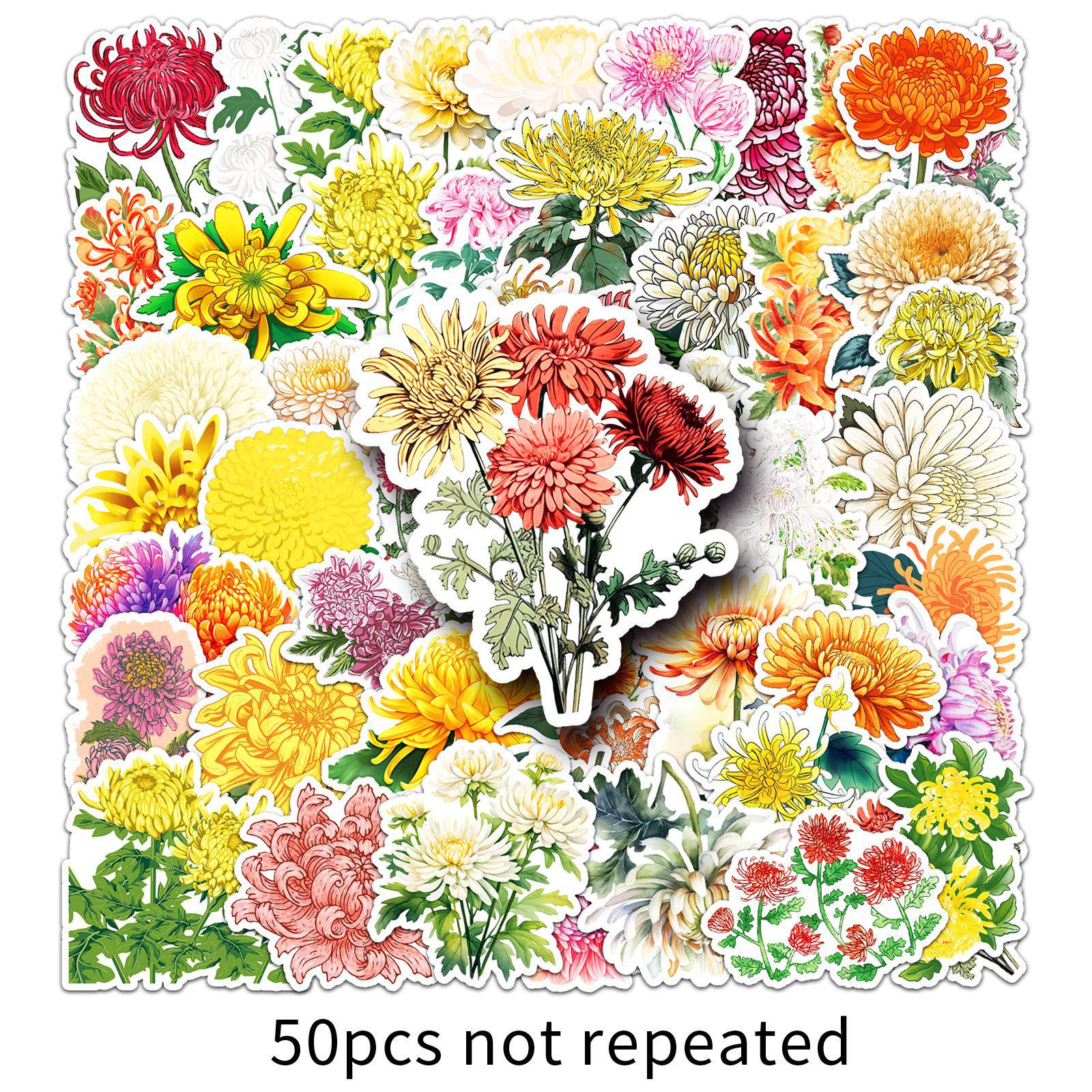 50 Colorful Waterproof Chrysanthemum Cartoon Flower Stickers for Decoration and Planners